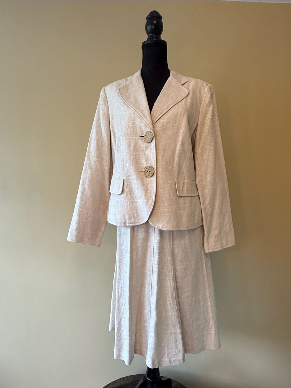 Cream Linen Blend Skirt Suit Set Blazer 14 Skirt 12 Classic Feminine Cut A Line - Picture 2 of 12